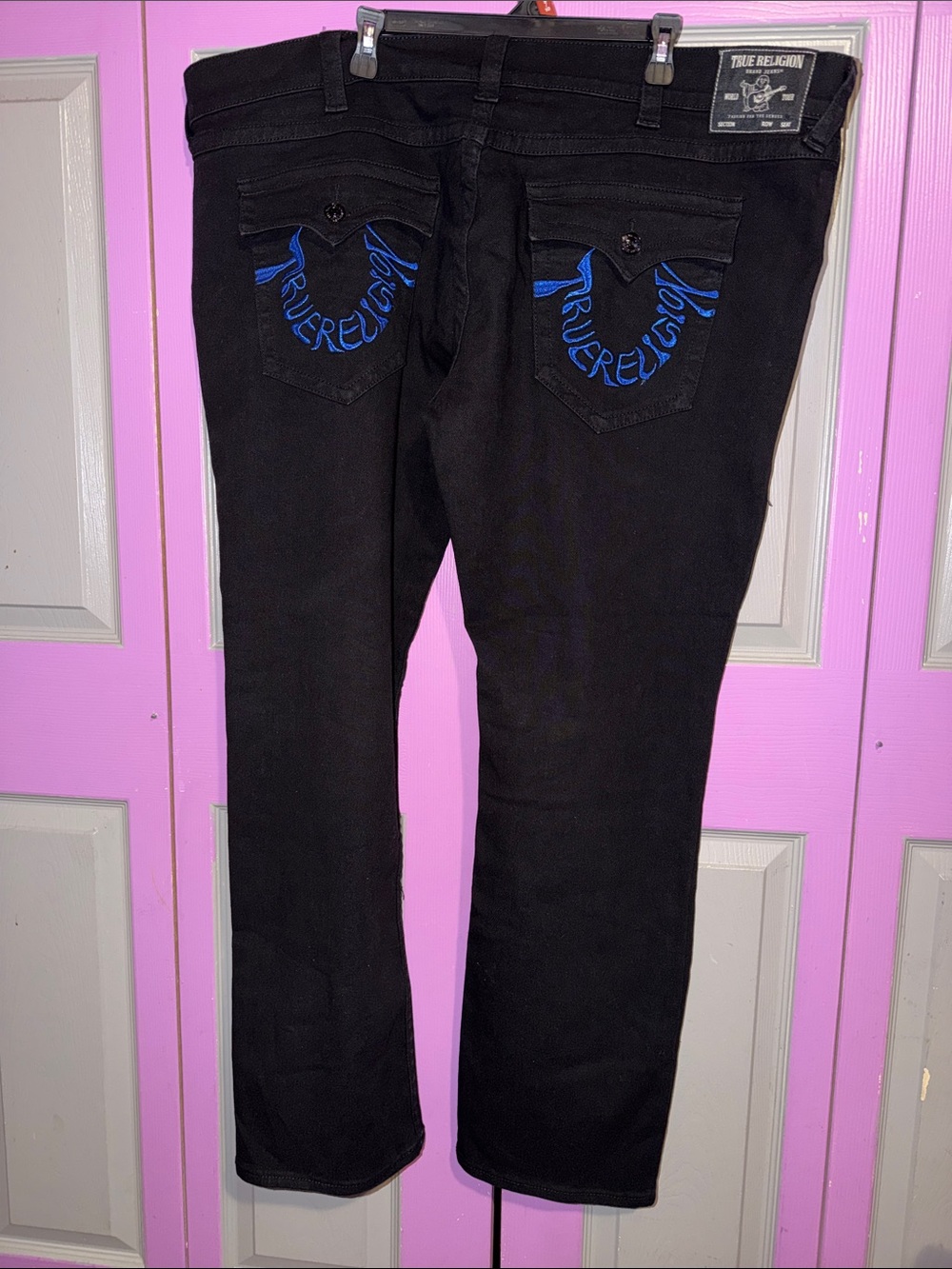 Men’s True Religion Black Straight Leg Jeans with Blue Back Pocket Embroidery